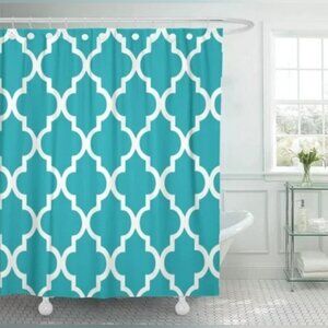 Colorful Geometric Teal Quatrefoil Pattern Moroccan Shower Curtains NWT